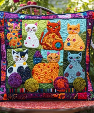 Floral Cat Quilted Pillow Cover — Handcrafted Decorative Throw Case With Playful Blooms And Kittens, Soft Cotton Accent For Sofa & Bedroom