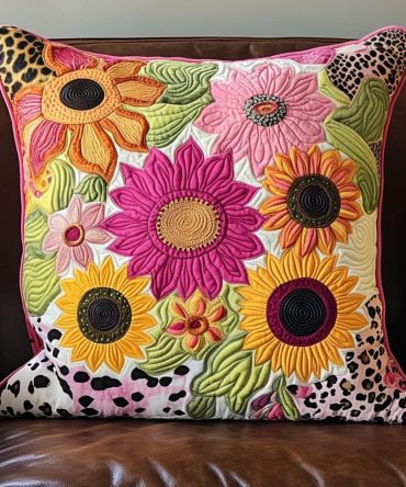 Playful Petals Quilted Pillowcase, Cheerful Floral Accent Pillow Cover For Kids' Room & Living Room, Quilted Cotton Blend, Machine Washable
