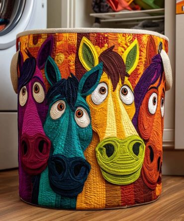 Playful Ponies Quilted Laundry Hamper — Charming Pony Print Fabric Basket With Handles, Foldable Kids Laundry & Toy Storage Bin