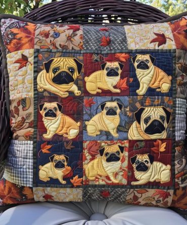 Playful Pugs Quilted Pillow Cover — Whimsical Dog Throw Pillowcase, Quilted Decorative Accent To Brighten Living Spaces
