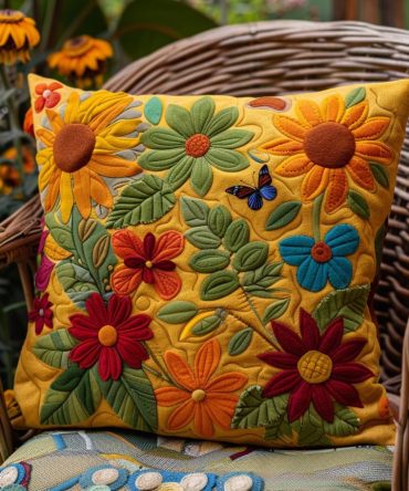 Bright Sunflower Quilted Pillowcase — Colorful Floral Throw Pillow Cover, Soft Cotton Blend, Hypoallergenic, Decorative