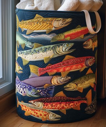 Playful Trout Quilted Laundry Hamper — Cute Fish Pattern Foldable Laundry Basket, Kids & Bathroom Storage With Carry Handles