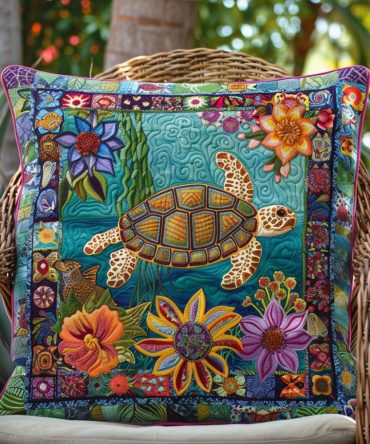 Playful Turtles Quilted Throw Pillow Cover - Cute Sea Turtle Design, Durable Cotton Blend Pillowcase, Machine-Washable Accent For Kids