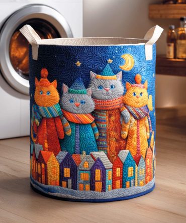 Playful Whiskers Quilted Laundry Hamper — Fun Foldable Laundry Basket With Cartoon Cat Print, Soft Washable Storage For Kids, Nursery & Bedroom