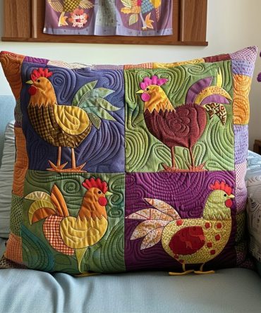 Plucky Peace Quilted Pillow Cover — Charming Farmhouse Chicken Accent Pillowcase, Soft Cotton-Blend, Textured Quilting For Cozy Country Style