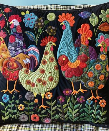 Plucky Perch Quilted Pillow Cover — Country Chicken Perch Throw Cushion, Quilted Farmhouse Accent, Soft & Durable