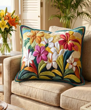 Plumeria Garden Quilted Pillow Cover — Tropical Floral Throw Pillowcase With Luxurious Quilting For Beach House, Patio & Coastal Interiors