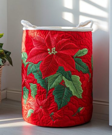 Poinsettia Bloom Quilted Laundry Basket – Classic Holiday Floral Fabric Hamper, Collapsible Durable Laundry Storage For Home & Gifting