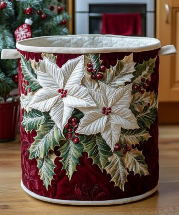 Poinsettia Bloom Quilted Laundry Hamper — Elegant Holiday Collapsible Fabric Basket With Handles, Festive Floral Storage For Living Spaces