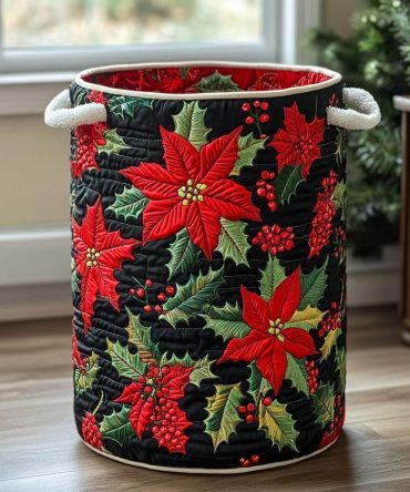 Poinsettia Charm Quilted Laundry Hamper – Festive Collapsible Fabric Storage Basket With Handles For Holiday Organization & Gifts