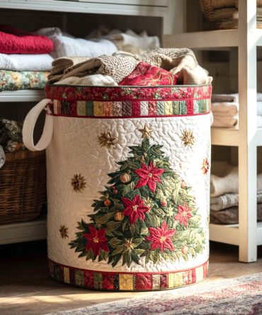 Poinsettia Charm Quilted Laundry Basket - Elegant Holiday Foldable Hamper With Reinforced Handles For Christmas Storage