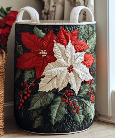 Poinsettia Delight Quilted Laundry Basket – Elegant Holiday Floral Fabric Hamper, Collapsible Durable Laundry Storage For Christmas Decor