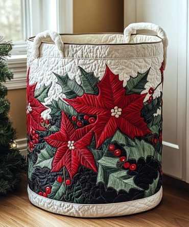 Poinsettia Glow Quilted Holiday Laundry Hamper – Festive Red Fabric Basket, Foldable Christmas Laundry Solution With Handles