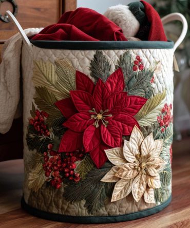 Poinsettia Joy Quilted Holiday Hamper - Festive Floral Laundry Basket, Collapsible Fabric Storage For Christmas Linens, Gifts & Seasonal Decor