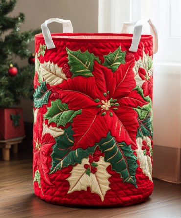 Poinsettia Magic Quilted Laundry Basket – Festive Red Floral Fabric Hamper, Foldable Sturdy Laundry Storage For Holiday Home & Gifts