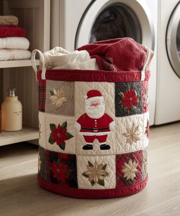 Poinsettia Santa Quilted Laundry Hamper — Festive Holiday Foldable Fabric Bin, Washable Christmas-Themed Storage For Seasonal Decor & Gifts