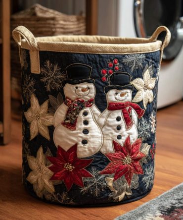 Poinsettia Snowman Trio Quilted Laundry Hamper - Holiday Floral & Snowman Storage Basket, Quilted Fabric Hamper With Handles
