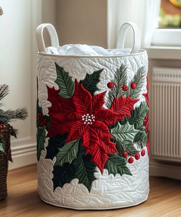 Poinsettia Wonder Quilted Laundry Hamper — Festive Floral Washable Laundry Basket, Foldable Holiday Organizer With Handles For Decor Lovers