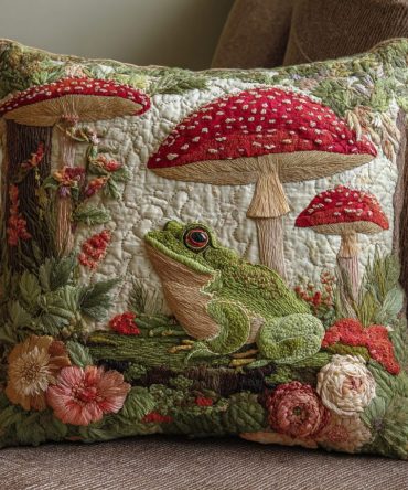 Pond-Inspired Quilted Throw Pillow Cover — Elegant Water Lily & Frog Motif, Soft Textured Accent For Couch, Bed & Outdoor Patio