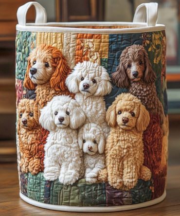 Poodle Family Quilted Laundry Hamper — Charming Foldable Fabric Basket With Dog Family Print, Durable Handles & Removable Washable Cover