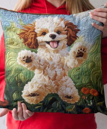 Poodle Parade Quilted Throw Pillow Cover — Retro Poodle Pattern Cushion Case In Quilted Fabric For Vibrant, Playful Home Styling, Hidden Zipper, Machine-Washable