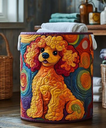 Charming Poodle Quilted Laundry Hamper — Decorative Foldable Sturdy Laundry Basket With Handles For Bedroom & Nursery