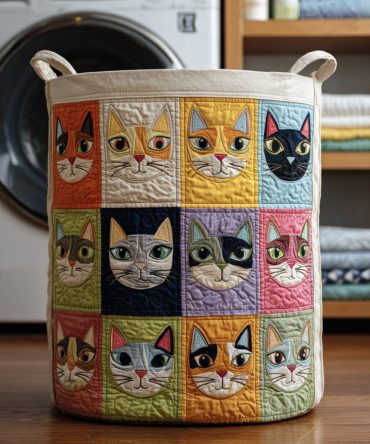 Pop-Art Kitty Quilted Laundry Hamper — Bold Pop Art Cat Print Collapsible Storage Basket For Modern, Stylish Rooms