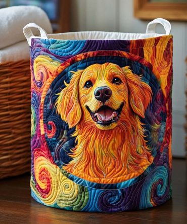Pop Golden Retriever Quilted Laundry Hamper — Playful Retriever Print Foldable Laundry Bin, Washable Fabric Storage For Pet-Loving Homes