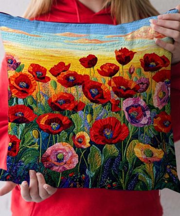 Poppy Field Quilted Decorative Pillow Cover – Bold Red Floral Cushion Case For Rustic & Modern Home Accents (Soft, Machine Washable)