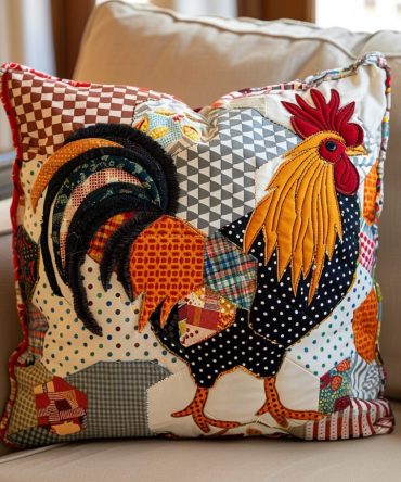 Poultry Patchwork Quilted Pillow Cover — Colorful Chicken Patchwork Throw Pillowcase, Quilted Farmhouse Accent For Sofa, Bed & Porch