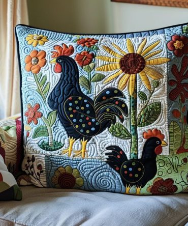 Charming Farmhouse Poultry Quilted Pillow Cover — Whimsical Chicken & Rooster Decorative Throw Cushion For Country Kitchens