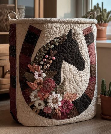 Prairie Bloom Stallion Quilted Laundry Hamper — Large Equestrian Floral Fabric Basket With Foldable Design & Reinforced Handles