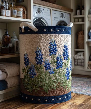 Prairie Blue Quilted Laundry Hamper — Coastal Country Storage Basket, Foldable Laundry Organizer With Comfortable Carry Handles