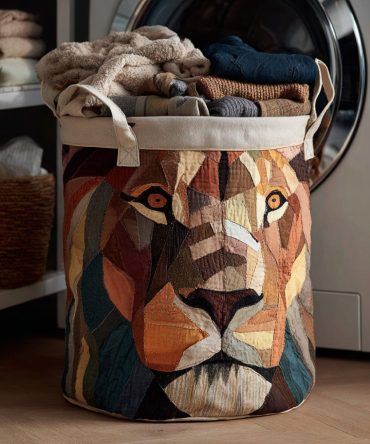 Prairie Lion Quilted Laundry Hamper — Rustic Lion Motif Quilted Laundry Basket With Reinforced Base, Carry Handles & Collapsible Design