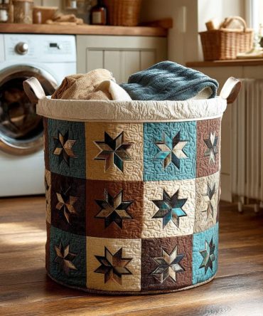 Prairie Stars Quilted Laundry Hamper – Country Star Pattern Fabric Laundry Basket With Handles, Foldable Home Storage Bin