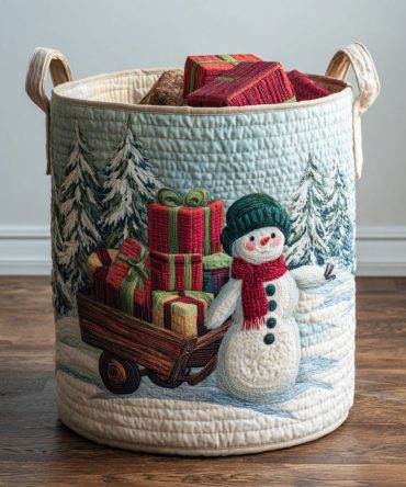Presents & Snowman Quilted Laundry Hamper - Festive Gift & Snowman Print Storage Basket, Collapsible Quilted Hamper With Handles