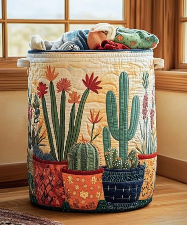 Prickly Charm Quilted Laundry Hamper — Trendy Patterned Laundry Basket With Durable Handles, Foldable Design & Soft Quilted Finish For Home