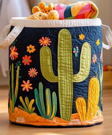 Prickly Love Quilted Laundry Hamper - Decorative Foldable Fabric Basket With Durable Handles, Zip-Top & Playful Cactus Motif