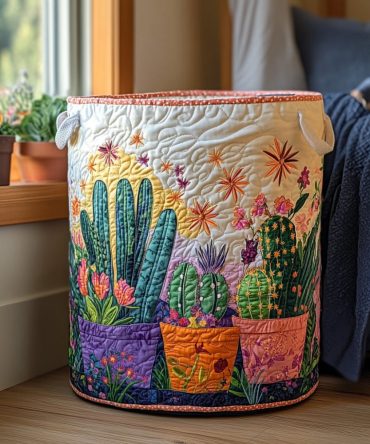 Prickly Magic Cactus Quilted Laundry Hamper - Decorative Collapsible Fabric Basket With Handles & Washable Liner For Home Organization