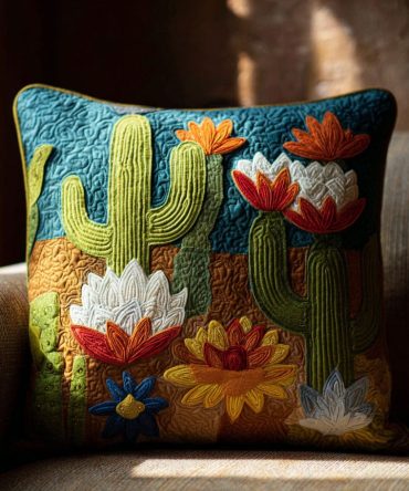 Prickly Magic Quilted Pillow Cover — Desert Cactus Decorative Sham, Textured Southwestern Accent With Soft Cotton-Blend, Easy Care