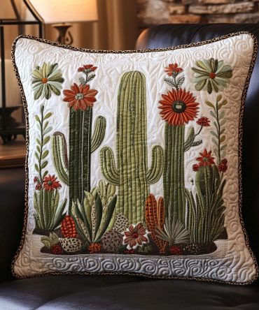 Prickly Shadows Quilted Pillow Cover — Subtle Cactus Pattern Decorative Sham, Soft Textured Accent For Living Room Or Patio, Machine Washable