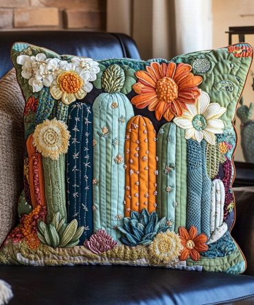 Prickly Trails Quilted Pillow Cover — Adventure-Inspired Cactus Decorative Sham, Durable Cotton-Blend Accent With Hand-Stitched Texture