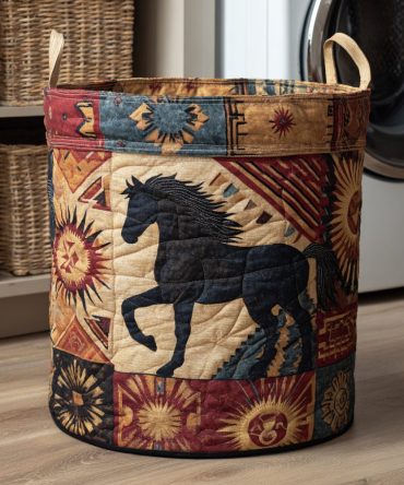 Primal Tribal Horse Quilted Laundry Hamper - Bold Horse Motif Storage Basket, Padded Organizer For Equine & Boho Interiors