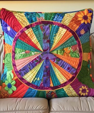 Psychedelic Peace Quilted Pillow Cover — Vibrant Retro Throw Pillow Case With Swirl Motifs For Boho Chic & Festival-Ready Home Decor