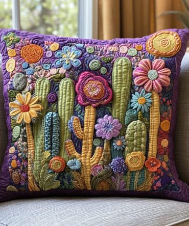 Psychedelic Cactus Quilted Throw Pillow Cover — Vibrant Succulent Accent Pillowcase For Boho & Retro Home Décor