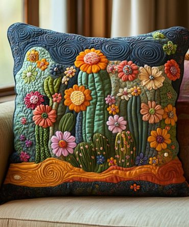 Vivid Psychedelic Cactus Quilted Accent Pillow Cover — Colorful Southwestern Throw Pillowcase For Trendy Interiors