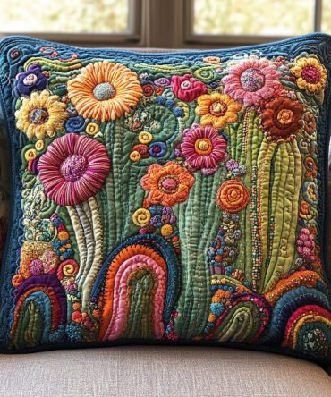 Psychedelic Cactus Quilted Throw Pillow Cover — Retro Desert-Inspired Decorative Cushion, Bold Reversible Cotton Blend For Boho & Eclectic Spaces