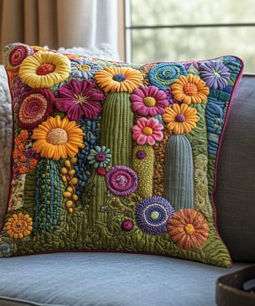 Vibrant Psychedelic Cactus Quilted Throw Pillow Cover — Boho Decorative Accent, Soft Cotton Blend, Eye-Catching Living Room Pop