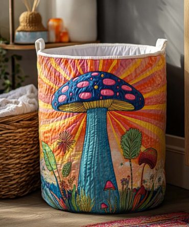 Vibrant Psychedelic Mushroom Quilted Laundry Hamper — Boho Collapsible Organizer With Sturdy Handles, Large Washable Storage Basket