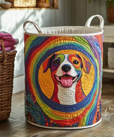 Psychedelic Pitbull Quilted Laundry Hamper — Bold Retro Pitbull Pattern Foldable Laundry Bin, Washable Fabric Storage For Eclectic Spaces